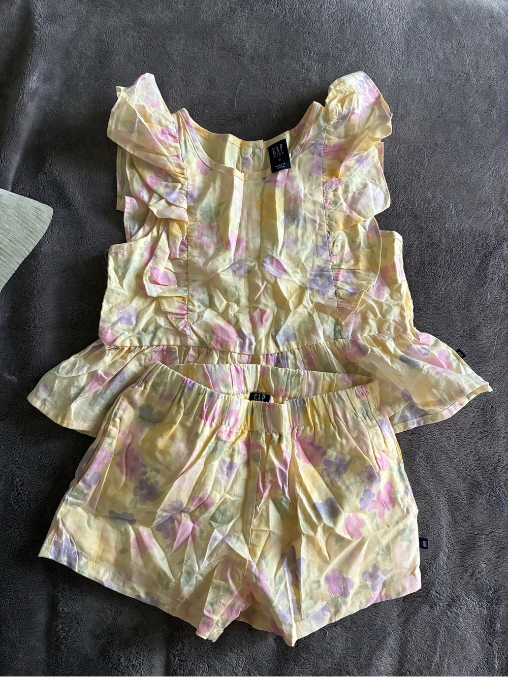GAP Pastel Yellow Floral Ruffle Peplum Top & Shorts Set